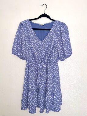 Sienna Sky Blue Floral V-Neck Mini Dress - Size Medium
